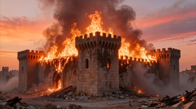 Stone fortress engulfed in intense flames and thick smoke during a sunset. Historical siege concept of a burning medieval castle under a dramatic orange sky.