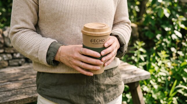 Woman holding eco-friendly reusable bamboo coffee cup outdoors, sustainable lifestyle and zero waste concept for environmental protection