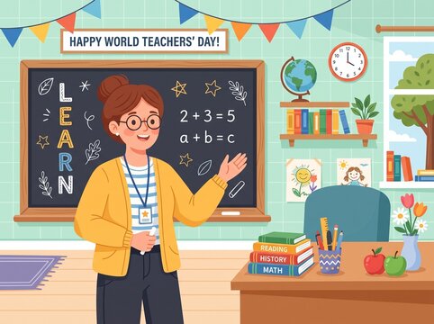 Happy World Teachers' Day Classroom Illustration Featuring Smiling Teacher, Chalkboard, School Desk, Books, Globe and Educational Decor Celebrating October 5 Teacher Appreciation
