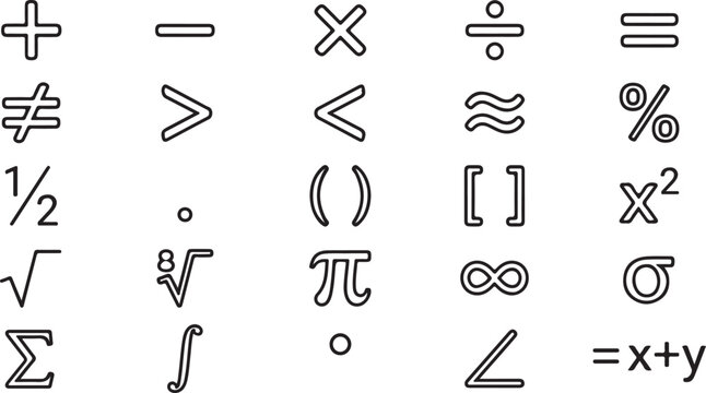 Set of mathematical symbols and algebraic operators in outline style for educational and scientific design projects