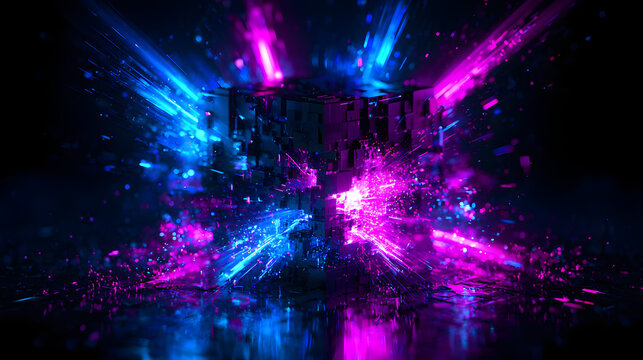 Futuristic pixel network cube explosion with glowing nodes and high energy ai poster art