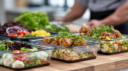 Obraz premium A person preparing healthy meals in clear containers on a wooden counter with fresh vegetables and protein