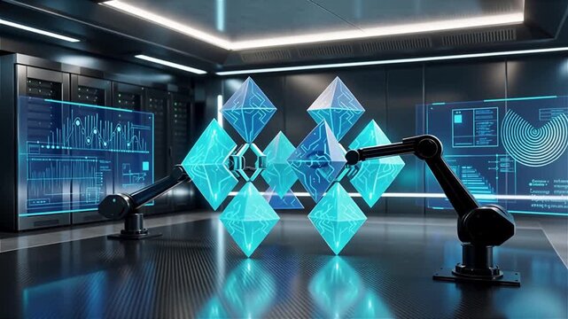 Automated AI manufacturing workflow visualized as floating neural modules assembling themselves in midair, precision robotic motion without visible operators, glowing circuitry