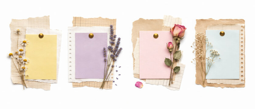 Set of four vintage collage layouts with grid paper blank notes and dried flowers including chamomile lavender roses and babys breath for scrapbooking journaling and craft design