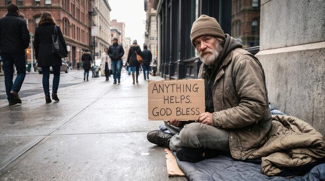 Senior homeless man sitting on sidewalk with cardboard sign. Begging for help in busy city street during cold weather.