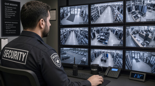 Uniformed guard monitoring surveillance footage on multiple screens in control room. Retail security officer observing real-time video feeds of clothing store aisles and parking lot.