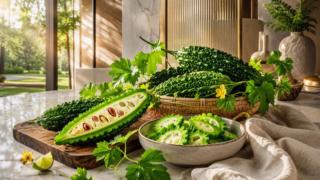 Fresh bitter melons with bitter gourd slices on kitchen counter