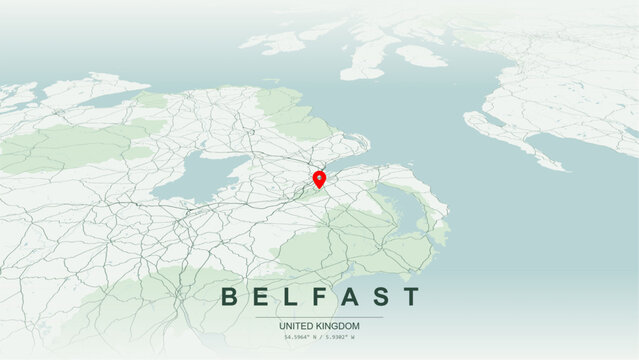 Modern minimalist vector map of Belfast, Northern Ireland. High-quality scalable illustration of Belfast geographic boundaries along River Lagan contours, Belfast Lough coastline for posters design.
