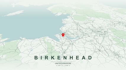 Modern minimalist vector map of Birkenhead, Merseyside, England. High-quality scalable illustration of Birkenhead geographic boundaries along River Mersey coastline for posters design. © AliRza