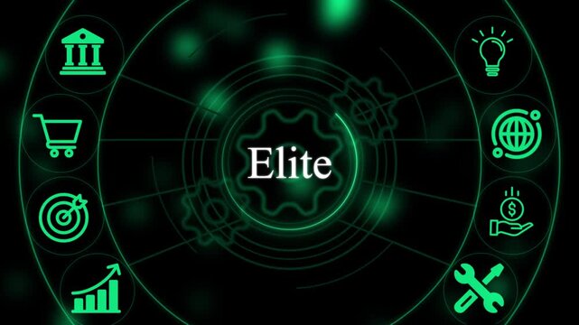Digital interface with the word elite surrounded by glowing green business and circular gear patterns on a dark background for technology