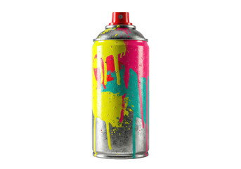 Fototapeta premium A hyperrealistic close-up of an industrial spray paint can, heavily crusted with dripping fluorescent pink, yellow, and teal paint against a transparent studio backdrop. Concept of street art