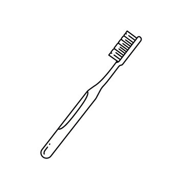 Minimalist vector icon of a black monoline manual toothbrush on a white background with copy space, concept of dental hygiene and healthcare
