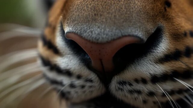 Extreme close frontal view of tiger muzzle with moist pink nose, fine whiskers and subtle breathing movement, showing tight facial detail, soft blur and natural wildlife presence
