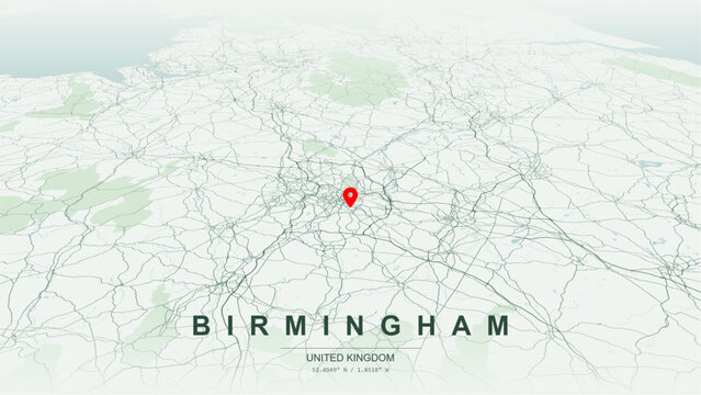 Minimalist vector map of Birmingham, England. High-quality scalable illustration of Birmingham geographic boundaries along Grand Union Canal and Birmingham Canal Navigations for posters design.
