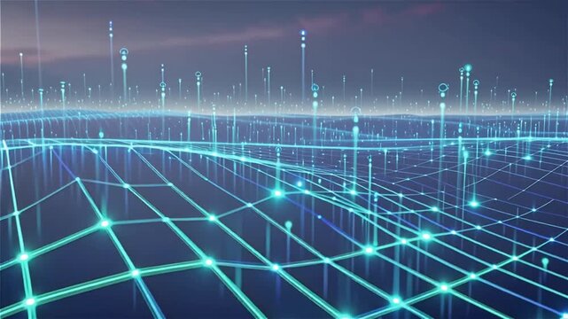Massive digital grid where thousands of AI workflow signals travel simultaneously, synchronized pulses creating mesmerizing patterns, cinematic aerial camera movement, realistic volumetric atmosphere