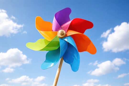 Colorful pinwheel spinning in bright blue sky with soft clouds bringing cheerful summer energy