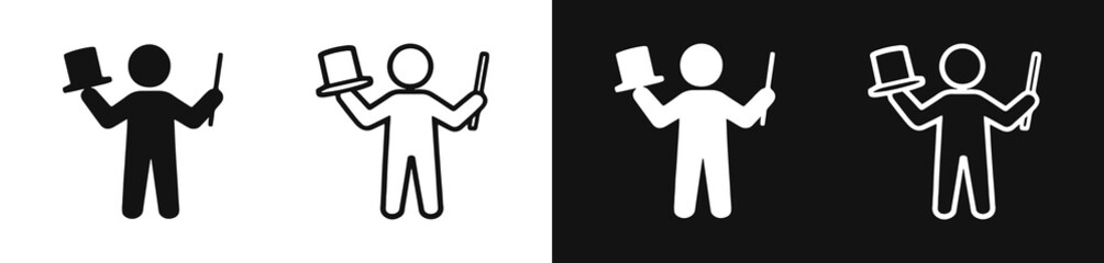 Magician icon set, performer holding top hat and magic wand © drawing lines