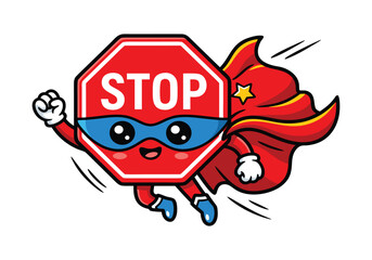 Cute Super Hero Stop Sign Character Illustration Flying With Red Cape Mascot Design for Traffic Safety and Educational Road Awareness Concepts