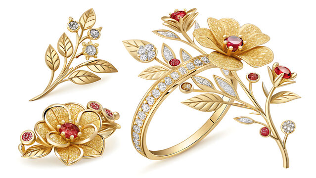 Luxury gold jewelry set with ruby and diamond flower motifs