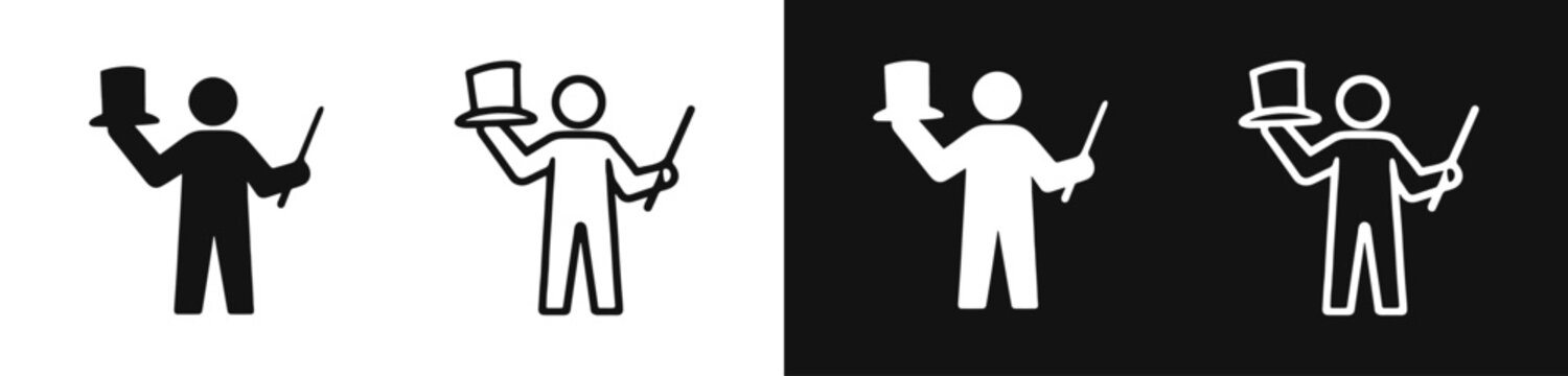 Magician or conductor icon set, person holding hat and wand, pictogram