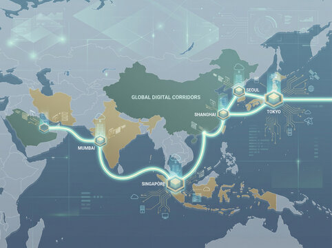 Global map illustrating the Digital Silk Road and Belt and Road Initiative across Asia Europe and Africa.