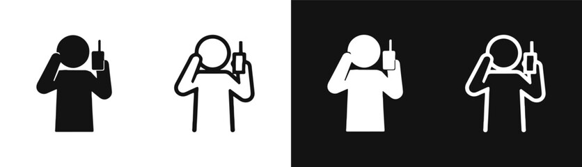 Person talking on handheld radio walkie talkie icon set © drawing lines