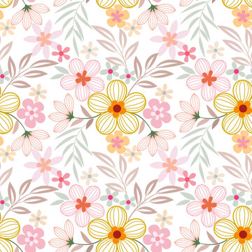 Hand-Drawn Seamless Floral Background with Botanical Flowers, Roses, Lotus, Hearts, Leaves and Blossoms | Elegant Spring Summer Nature Wallpaper Pattern | Soft Pastel Vector Line Art for Fabric, Texti