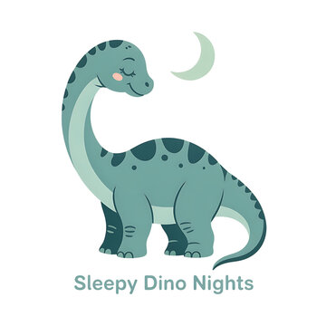 Cute sleepy brontosaurus dinosaur character with a crescent moon isolated on transparent background