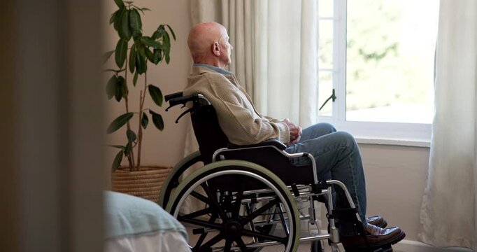 Thinking, sad or old man at window with wheelchair, remembering or reflection of past mistake. Mental health, grief or elderly person with disability in home, emotional thought or guilt in retirement