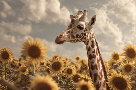 giraffe among giant sunflowers
