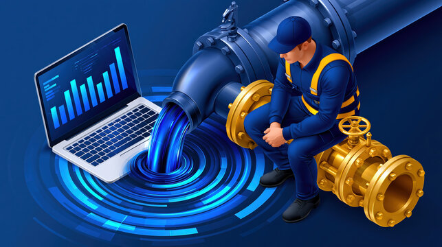 Predictive maintenance engineer monitoring pipeline flow with laptop analytics in industrial plant