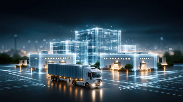 Premium logistics warehouse factory with truck and digital network, night scene of smart industrial campus