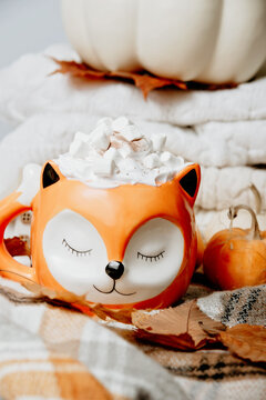 autumn background. Cute orange fox mug filled with hot chocolate topped with whipped cream, marshmallows and cinnamon, styled with white pumpkins, knitted blankets, autumn leaves and rustic fall