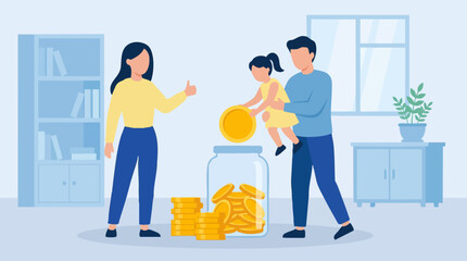 Family saving money illustration, parents teaching child about financial future