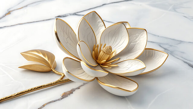 Elegant white lotus flower with gold trim on marble surface