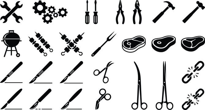 Set of black and white vector icons, tools, barbecue items, and broken chain symbols for designSet of black and white vector icons, tools, barbecue items, and broken chain symbols for design