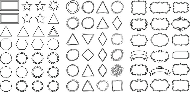 Set of hand-drawn vector geometric shapes, doodle frames, and sketchy outlines for designSet of hand-drawn vector geometric shapes, doodle frames, and sketchy outlines for design