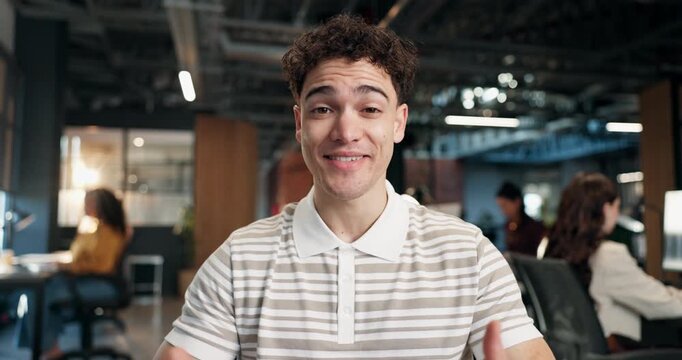 Talking, face and business man on video call, virtual meeting and pitch for marketing project. Office, portrait and pov of happy person with documents for brand consulting, coworking and webinar