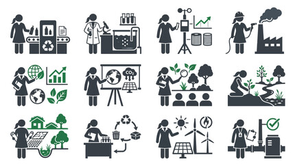 Sustainable Technology and Ecology Icons: Woman Scientist & Renewable Energy © Tongek