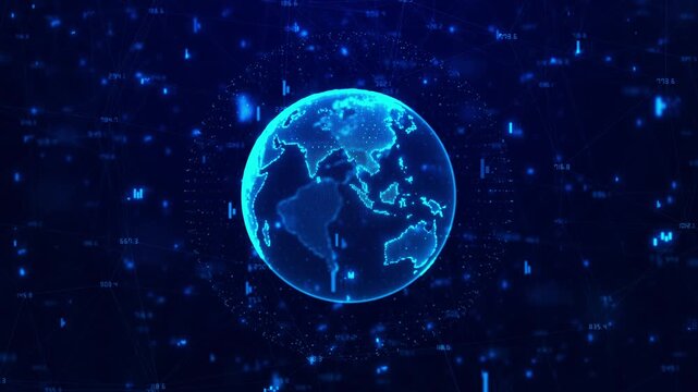 Digital earth analytics visual blue globe, glowing network particles, chart symbols, deep financial data space market updates, business reports, global tech clips, economy dashboards, motion graphics.