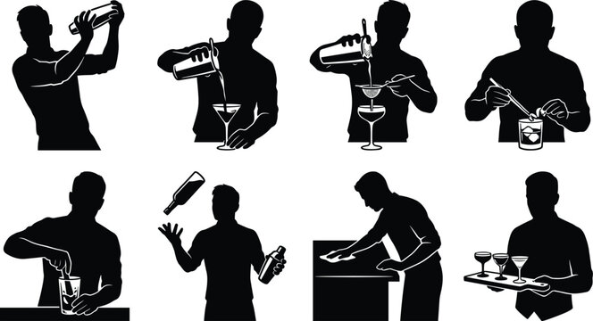 Bartender icon set featuring cocktail shaking, pouring drink, straining, flair bartending, and serving drinks