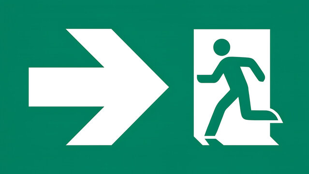Green emergency exit sign with running man pictogram and directional arrow emergency evacuation pictogram direction facility building navigation compliance wayfinding