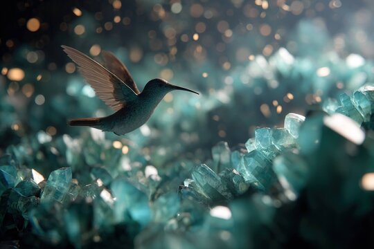 hummingbird flying above glowing crystal field