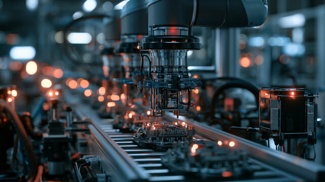 Workforce automation impact robot factory assembly workforce automation impact shown by robot arm on factory assembly line with metal machinery and glowing sensor during industrial production