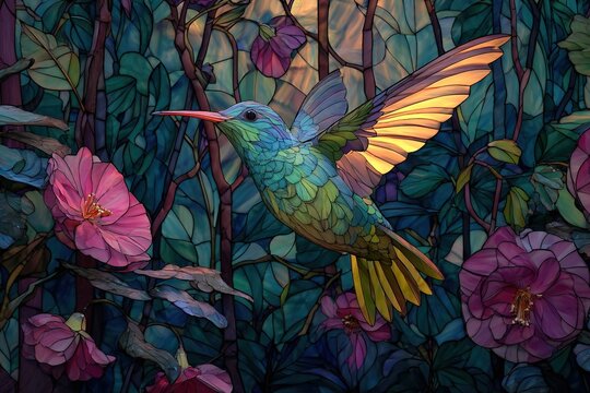 hummingbird flying through stained glass jungle