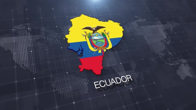 Ecuador map with national flag on digital world map background, geographic border, global political and international news concept
