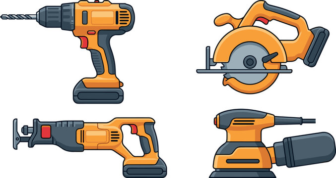 Yellow cordless power tools set featuring electric drill driver, circular saw, reciprocating saw, and orbital sander vector illustration