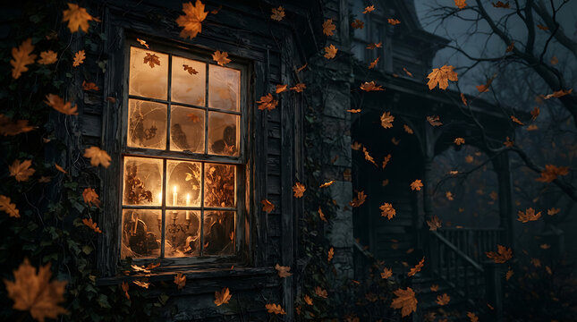 Spooky haunted house window with warm light and falling autumn leaves in dark night atmosphere