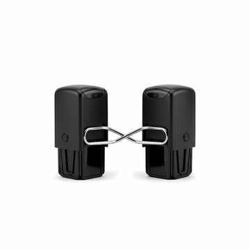 Two Black Self Inking Rubber Stamps Linked Together Creating An Infinite Loop Concept Representing Business Partnership And Coordination For Authentic Professional Documentation In