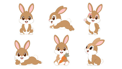 Obraz premium Cute cartoon rabbit character set in different poses on white
